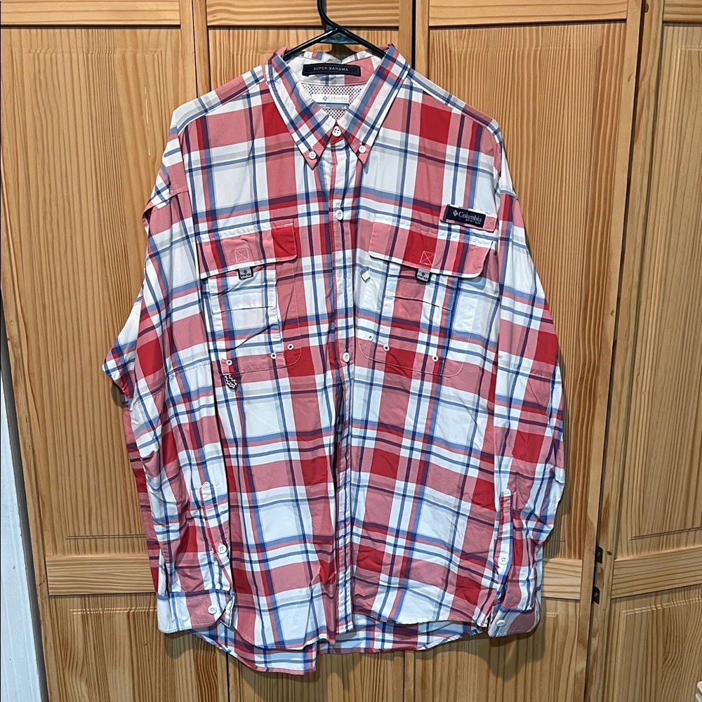 PFG Columbia Red and White Plaid Casual Shirt